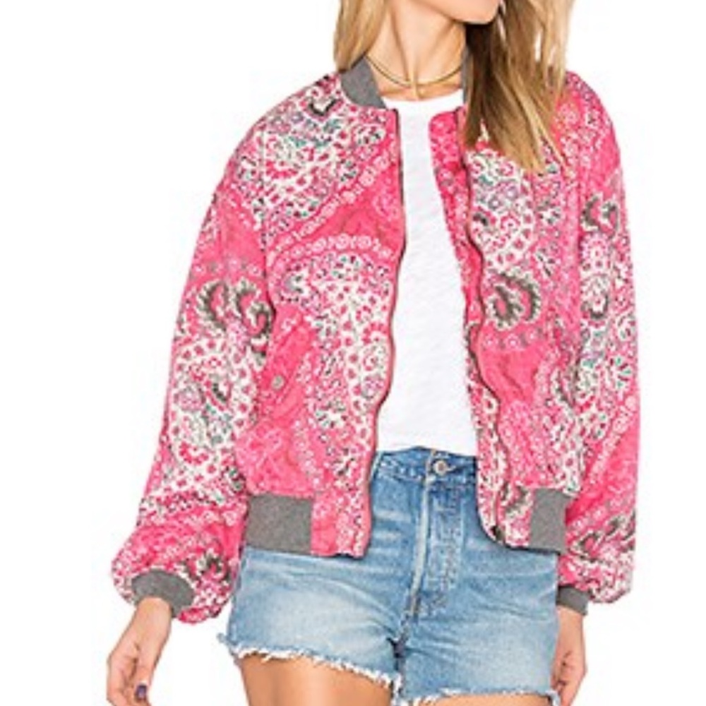 Free people printed pink bomber jacket size XS
